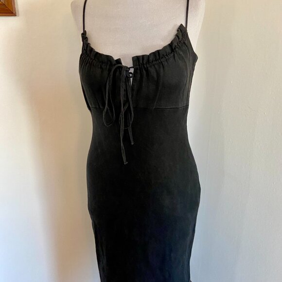 VTG 90s 2000 y2k Black Maxi Midi 100% Linen Milk Maid Dress Potrait Tie Sun Med - Picture 12 of 15